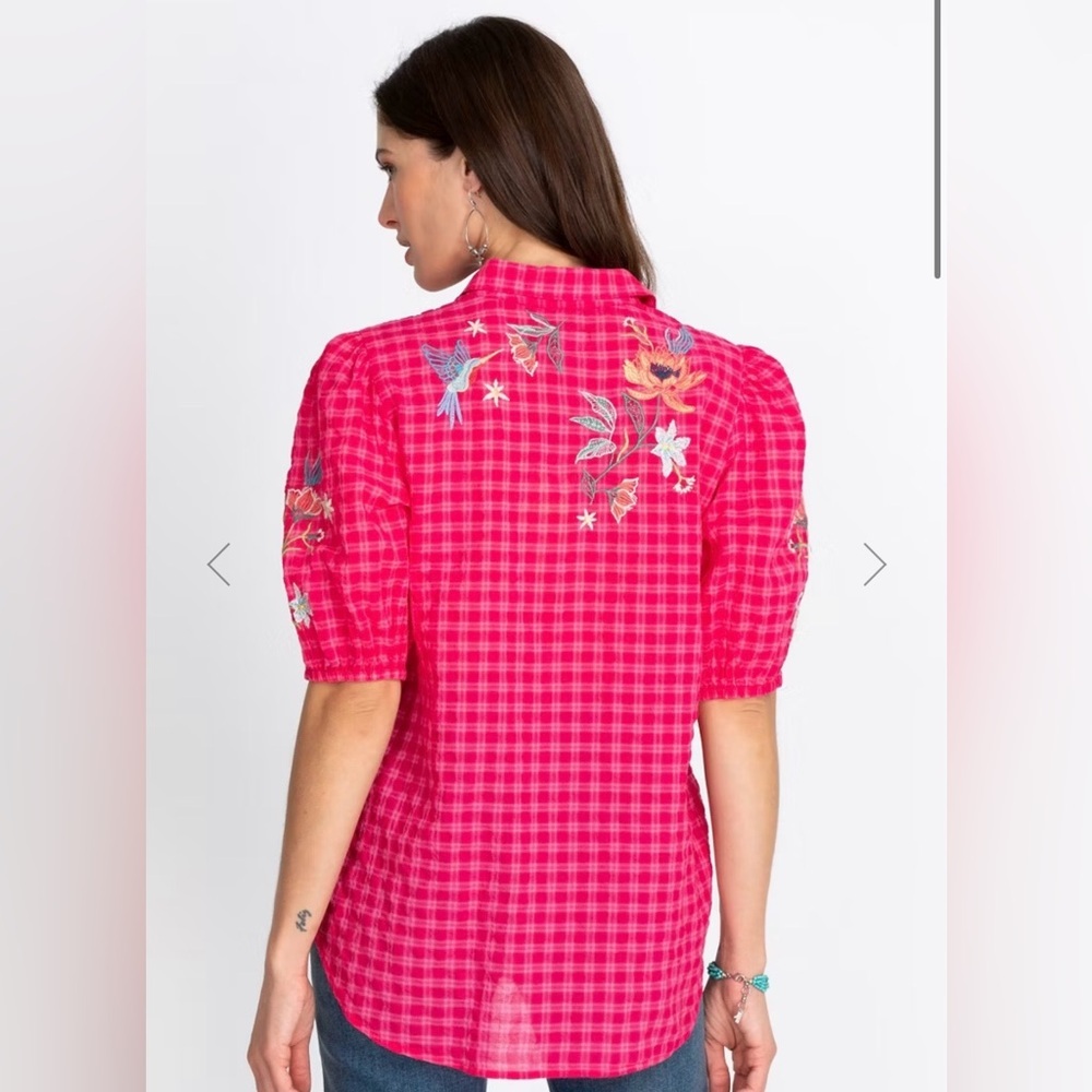 JOHNNY WAS | JORDAN LISBON SHIRT SMALL PINK EMBROIDERED PUFF SLEEVE BLOUSE - Picture 3 of 10
